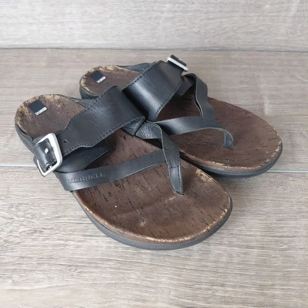 Merrell Sandals Womens 7 Black Leather Around Town Buckle Strappy Beach Thong